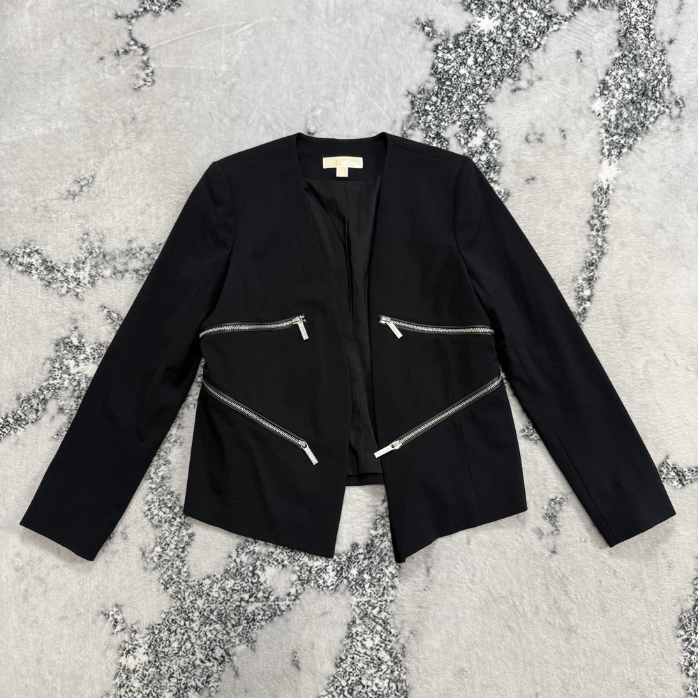 Michael Kors Black Jacket Womens Size 8 Zip Front Leather Trim Blazer Moto Style